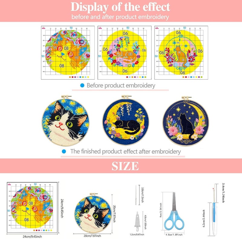 Zhenqing Night Sky Cats Cross Stitch Kit - 3-Piece Set with Pre-Printed 11CT 24x24cm Fabric, Hoop & Tools, Starry Night Theme for Beginners (70413) - Image 3